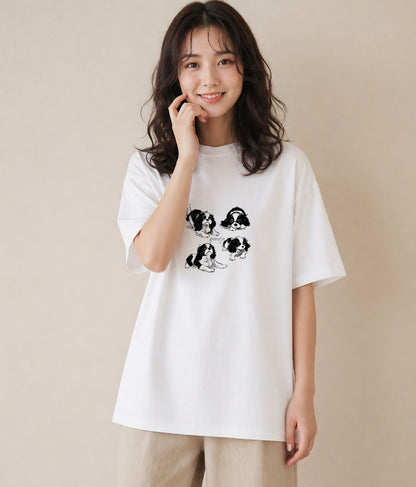 Tシャツ レディース キャバリア 犬 いぬ イラスト ミセス 春コーデ 白T YMAZO