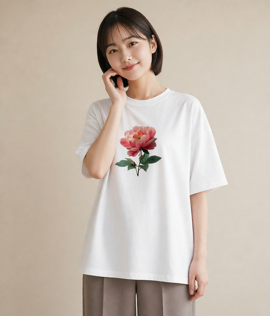 プリントTシャツ レディース 牡丹 花 花柄 イラスト こなれ感 春服 ミセス 白T YMAZO