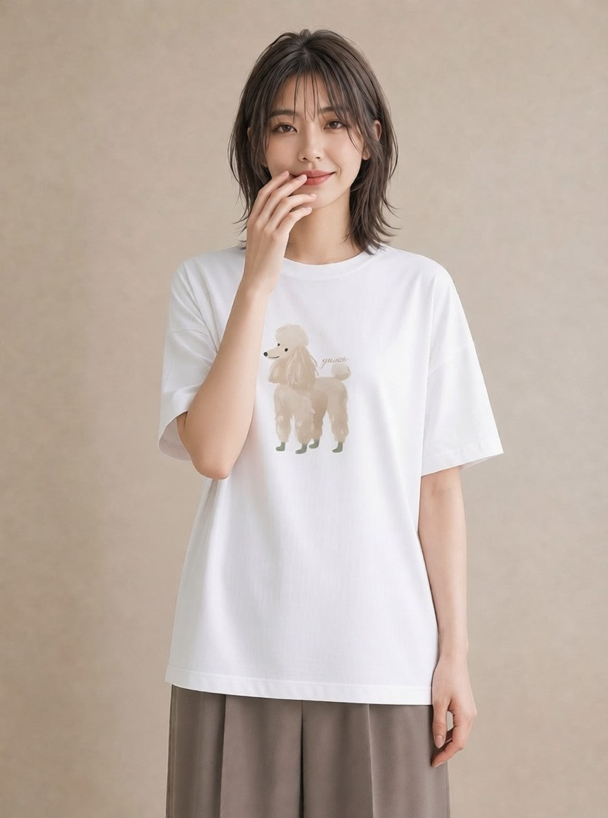 グラフィックTシャツ レディース トイプードル プードル 犬 いぬ イラスト 可愛い 春服 ミセス 白T YMAZO