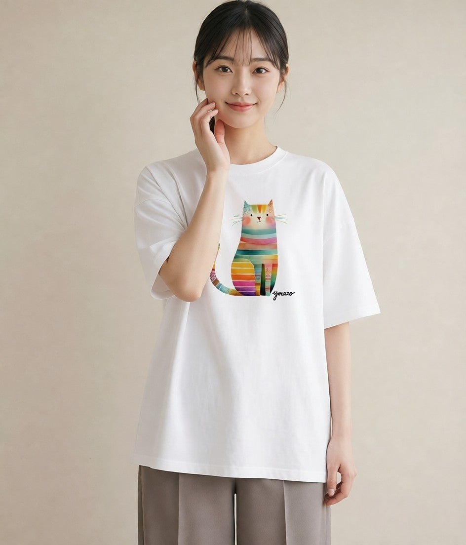 グラフィックTシャツ レディース ニャンコ 猫 ねこ イラスト 水彩風 女性 旅行用 白T YMAZO