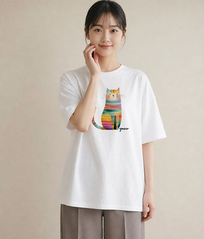 グラフィックTシャツ レディース ニャンコ 猫 ねこ イラスト 水彩風 女性 旅行用 白T YMAZO