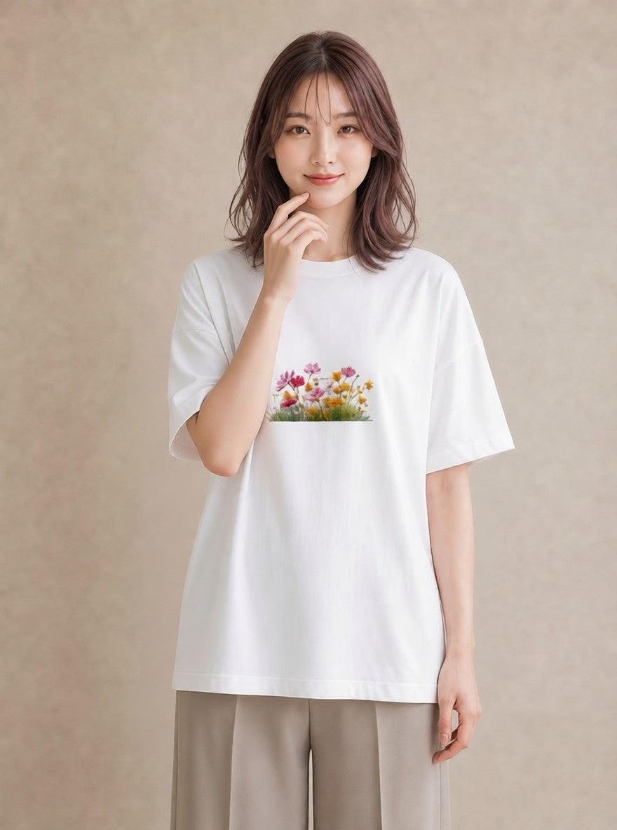 半袖Tシャツ レディース コスモス 秋桜 花 花柄 イラスト ゆるコーデ 夏コーデ 通学 白T YMAZO