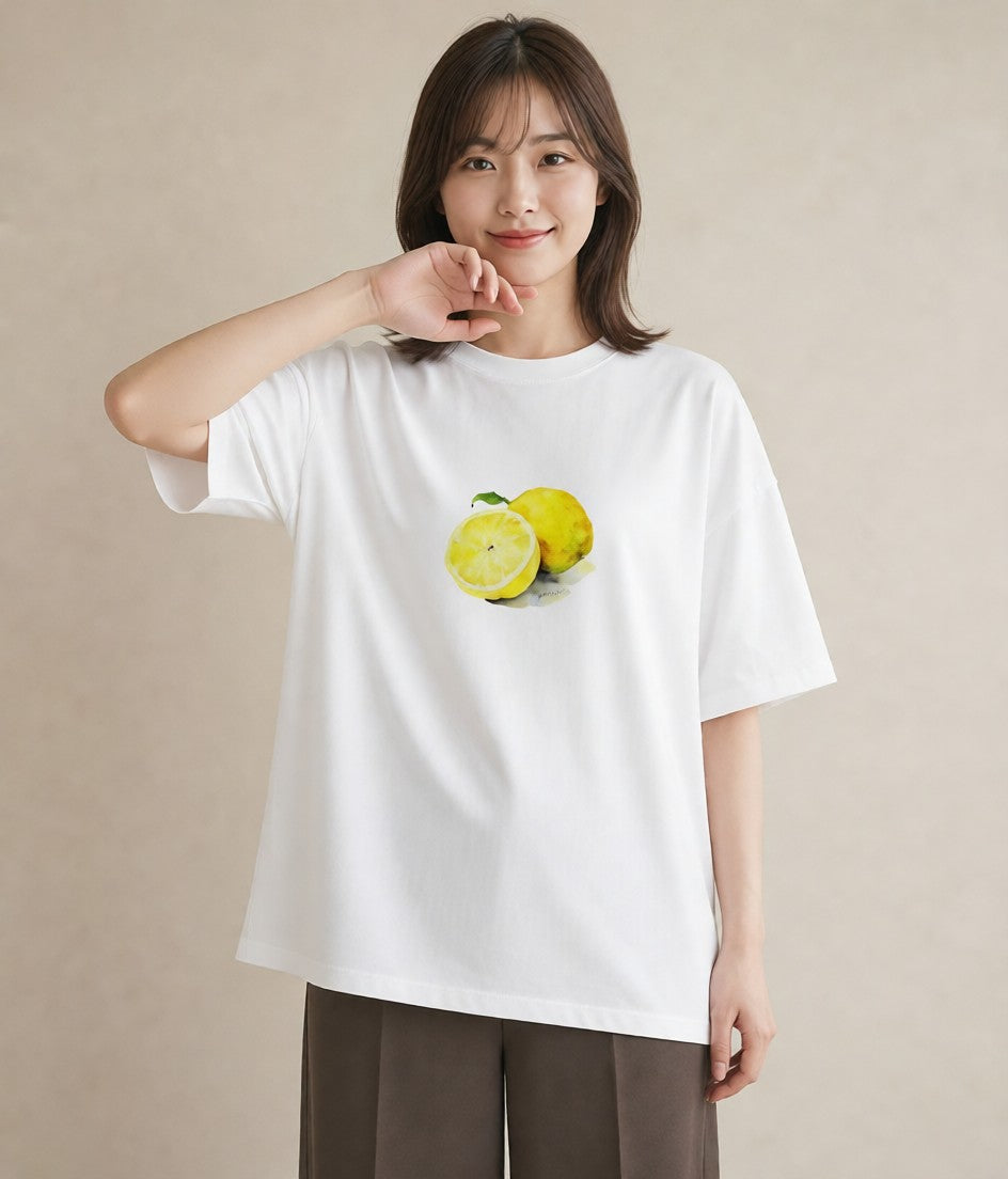 デザインTシャツ レディース レモン 檸檬 食べ物 フード イラスト ミニマル お出かけ 普段着 白T YMAZO