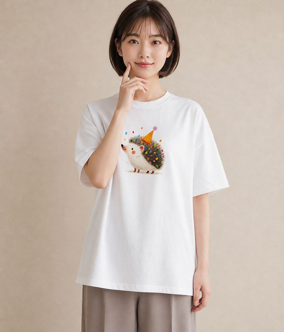 半袖Tシャツ レディース ハリネズミ ペット 動物 イラスト ガーリー 休日 ペアコーデ 白T YMAZO