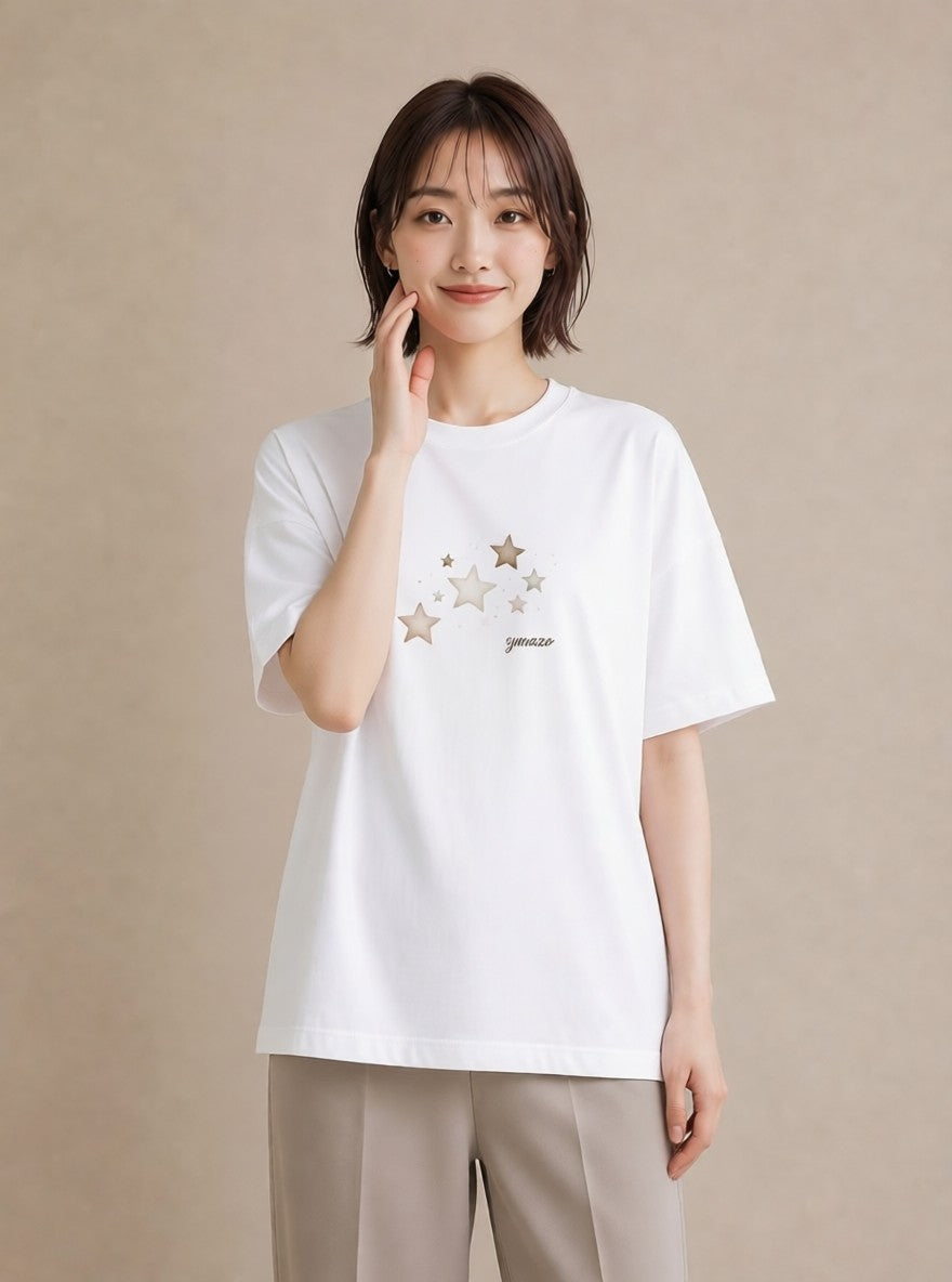 Tシャツ レディース 星 星空 宇宙 イラスト ニュアンス 普段着 週末コーデ 白T YMAZO