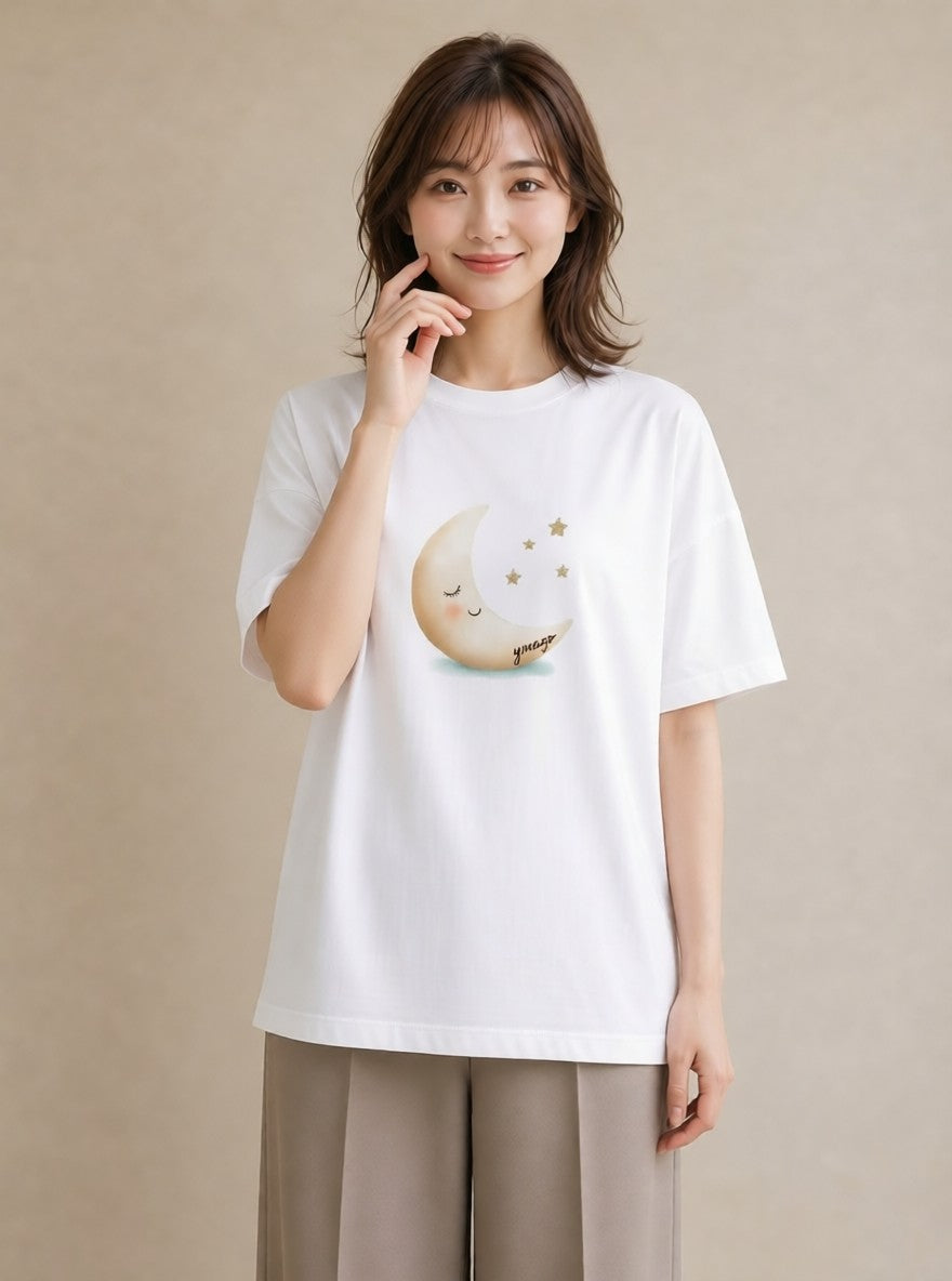 グラフィックTシャツ レディース 月 星空 宇宙 イラスト ヴィンテージ風 部屋着 女性向けギフト 白T YMAZO