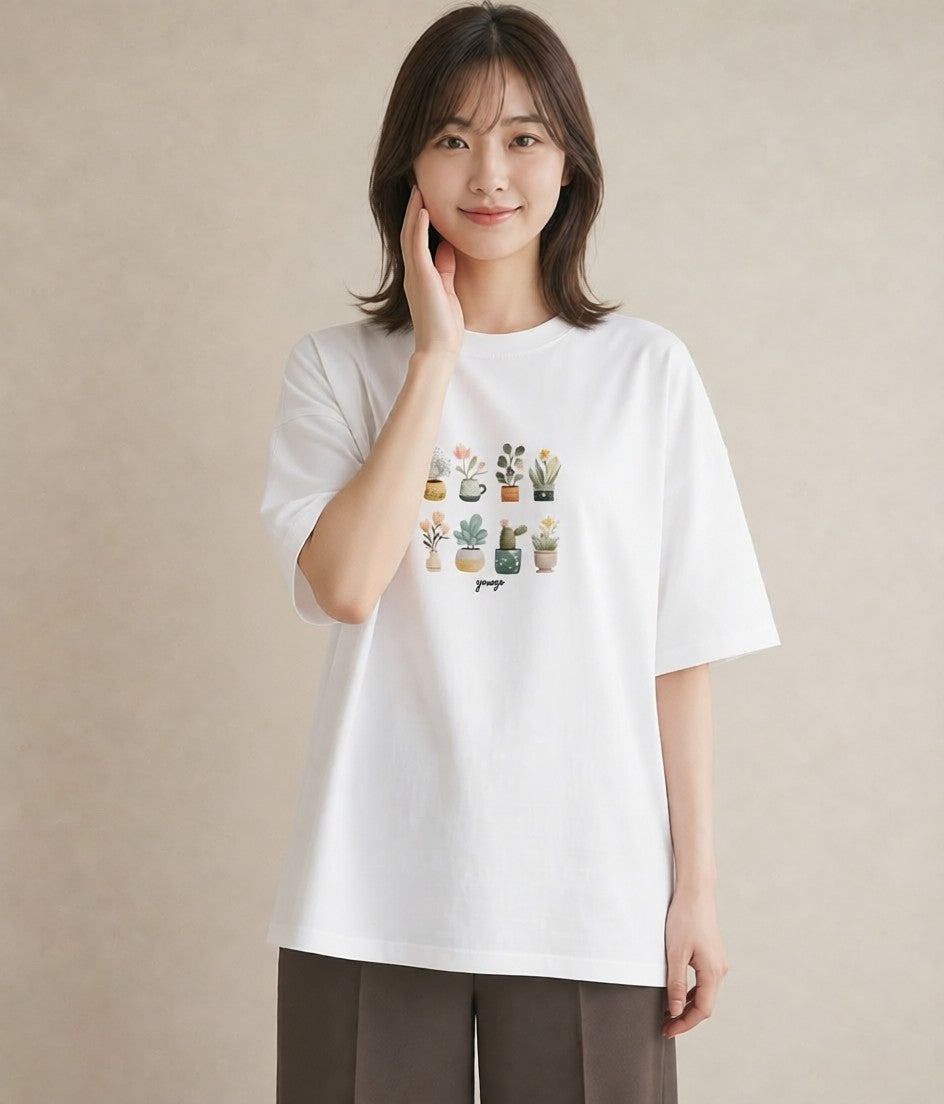 デザインTシャツ レディース サボテン 植物 ボタニカル イラスト 水彩風 ラフ レイヤード 白T YMAZO