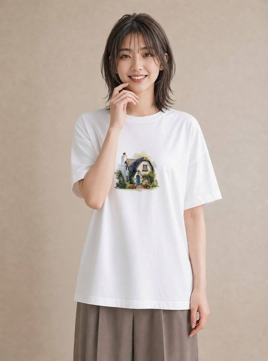 プリントTシャツ レディース 湖畔の小屋 湖 小屋 ナチュラル アンティーク イラスト ヴィンテージ風 秋コーデ おしゃれギフト 白T YMAZO