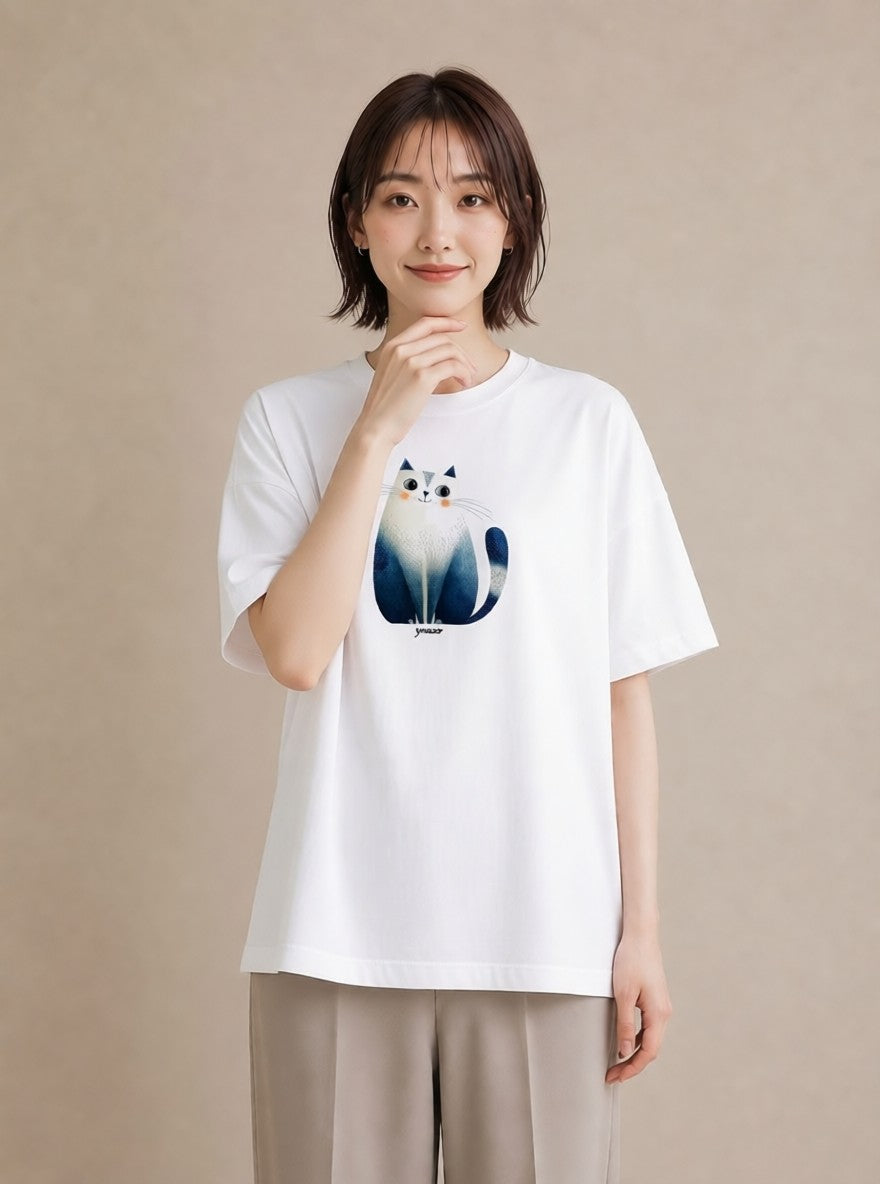 プリントTシャツ レディース 猫好き 猫 ねこ イラスト ミニマル 春服 ミセス 白T YMAZO