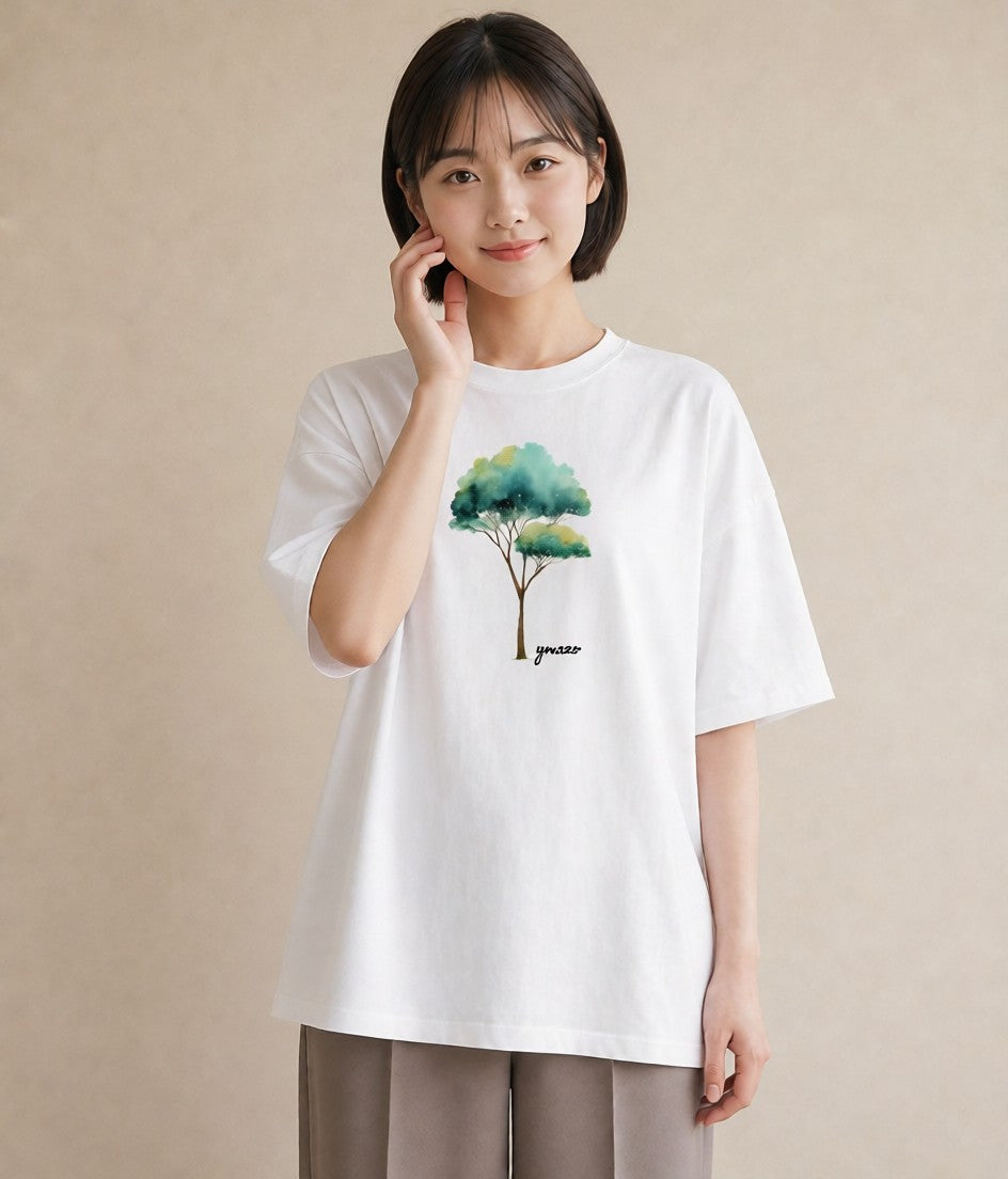 グラフィックTシャツ レディース 青の水彩 風景 ブルー ナチュラル アンティーク イラスト 北欧風 母の日 ビーチ 白T YMAZO