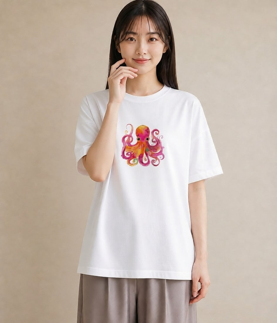 Tシャツ レディース タコ 海の生き物 海 イラスト フェミニン 自分用 ルームウェア 白T YMAZO