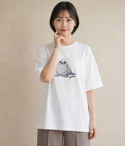 半袖Tシャツ レディース ゴマフアザラシ 動物 アニマル イラスト 個性的 部屋着 女性向けギフト 白T YMAZO