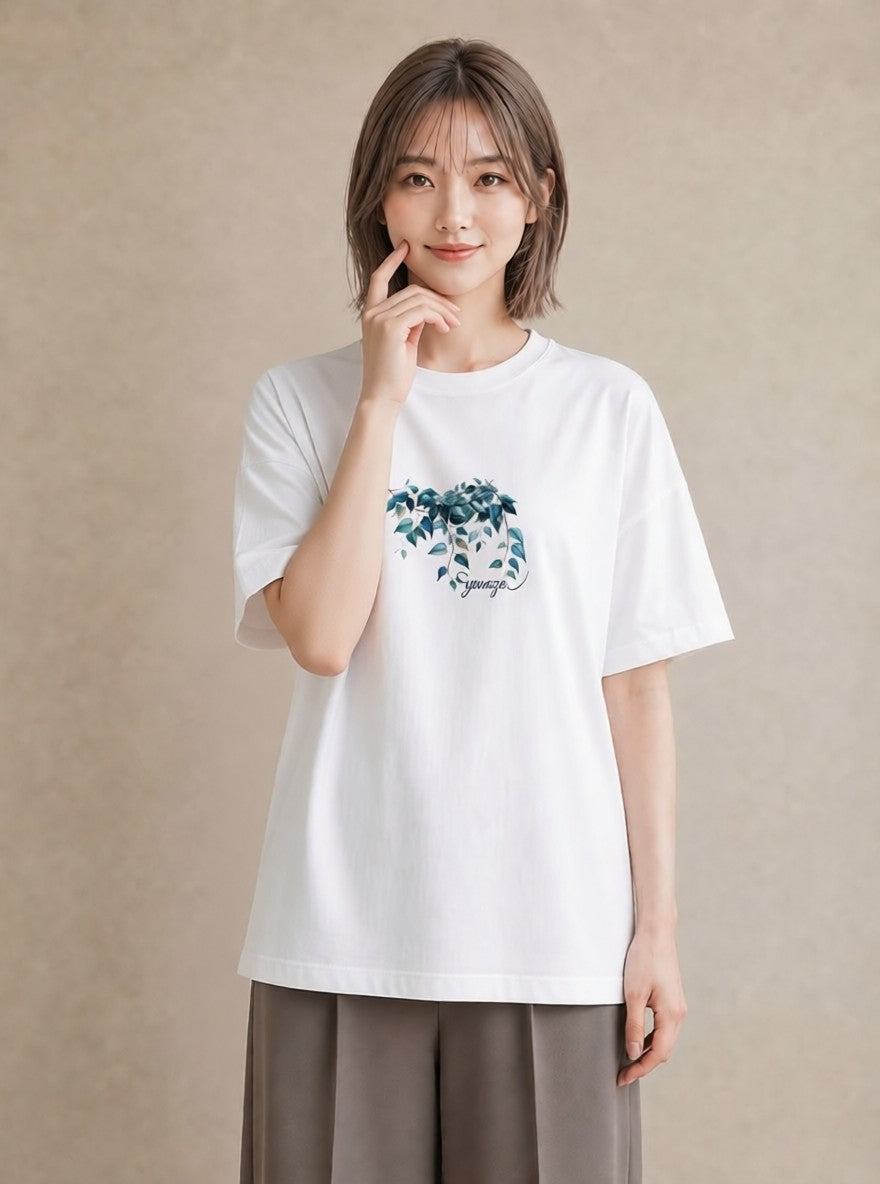 半袖Tシャツ レディース ユーカリ 植物 ボタニカル イラスト きれいめ 公園 ママ 白T YMAZO