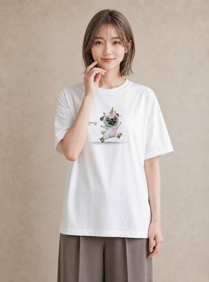 プリントTシャツ レディース パグ 犬 いぬ イラスト ニュアンス 社会人 女性 白T YMAZO