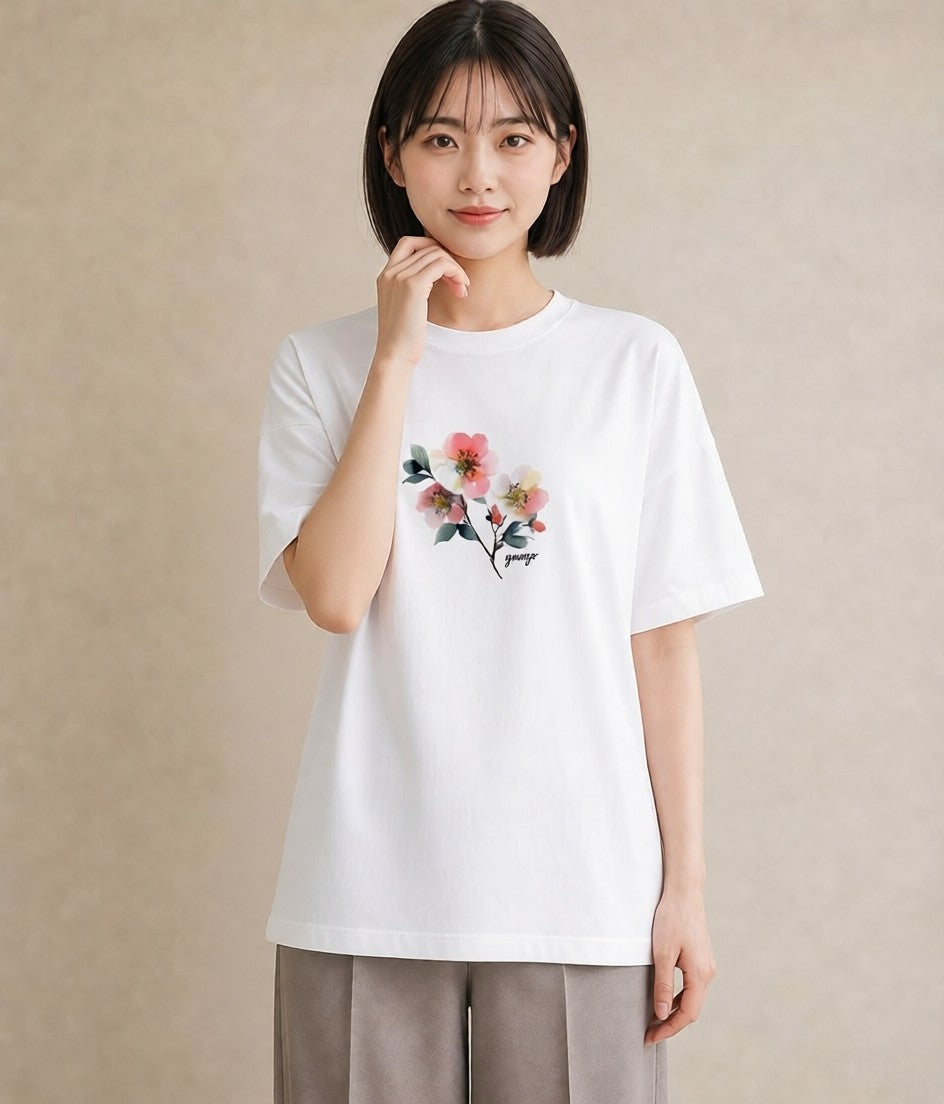 デザインTシャツ レディース 椿 花 花柄 イラスト モード 敬老の日 ホワイトデー 白T YMAZO