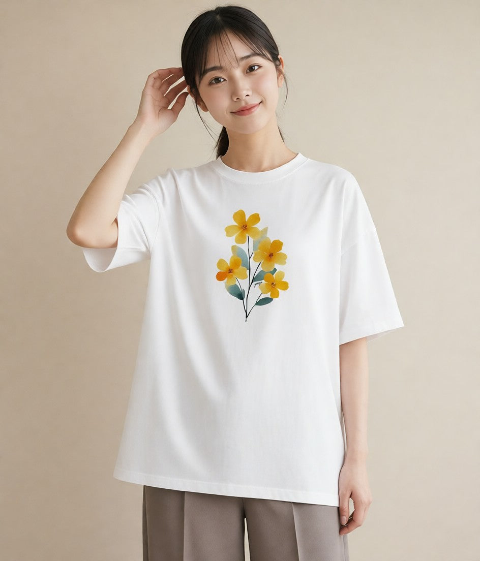 デザインTシャツ レディース ミモザ 花 花柄 イラスト ゆるかわ 旅行 母娘コーデ 白T YMAZO