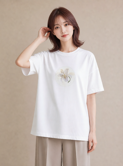 Tシャツ レディース ゆり 百合 花 花柄 イラスト 抜け感 友達ギフト 部屋着 白T YMAZO