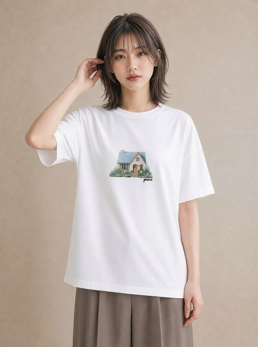 Tシャツ レディース 灯りの家 小屋 夜 ナチュラル アンティーク イラスト 上品 海 カフェ巡り 白T YMAZO
