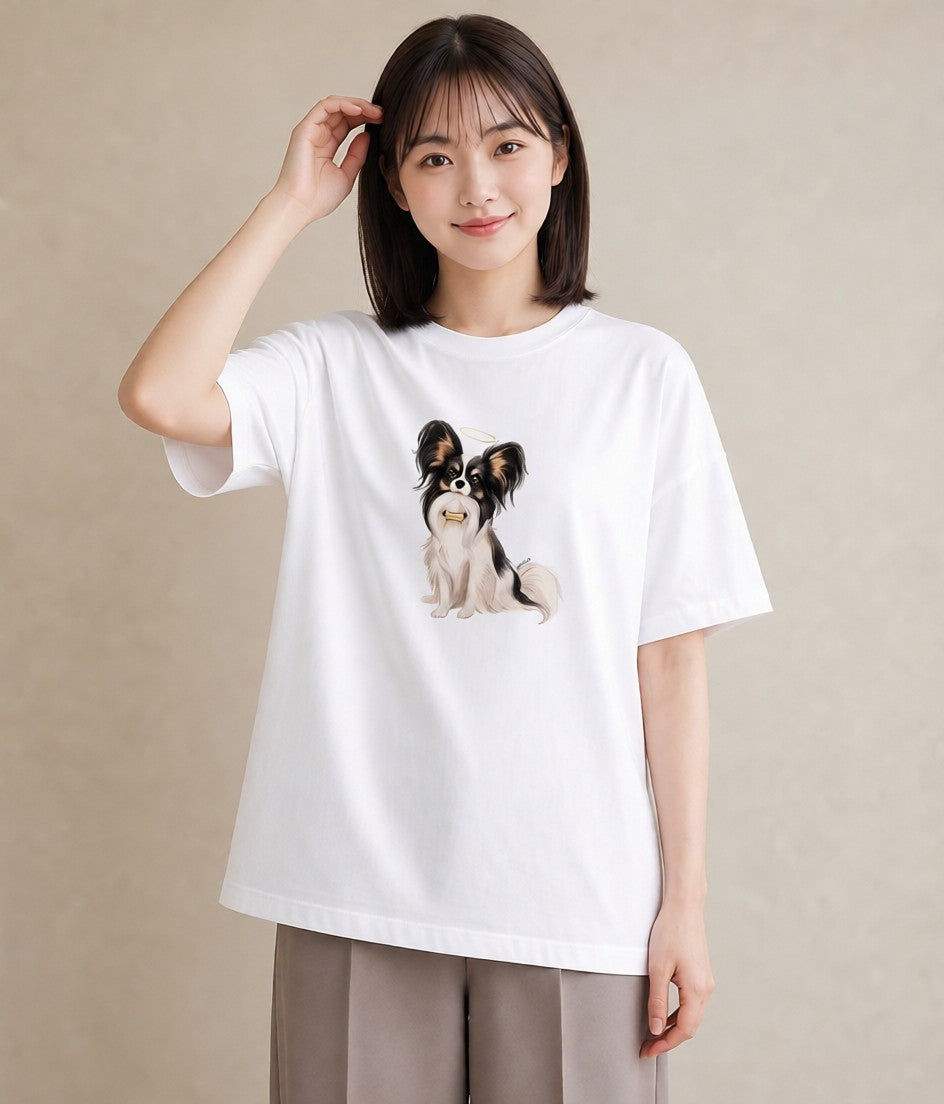 デザインTシャツ レディース パピヨン 犬 いぬ イラスト シック カフェ巡り 女子会 白T YMAZO