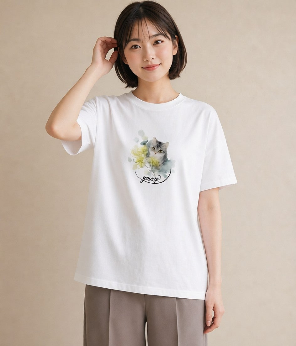 半袖Tシャツ レディース アメリカンショートヘア 猫 ねこ イラスト 抜け感 デイリーウェア 休日 白T YMAZO