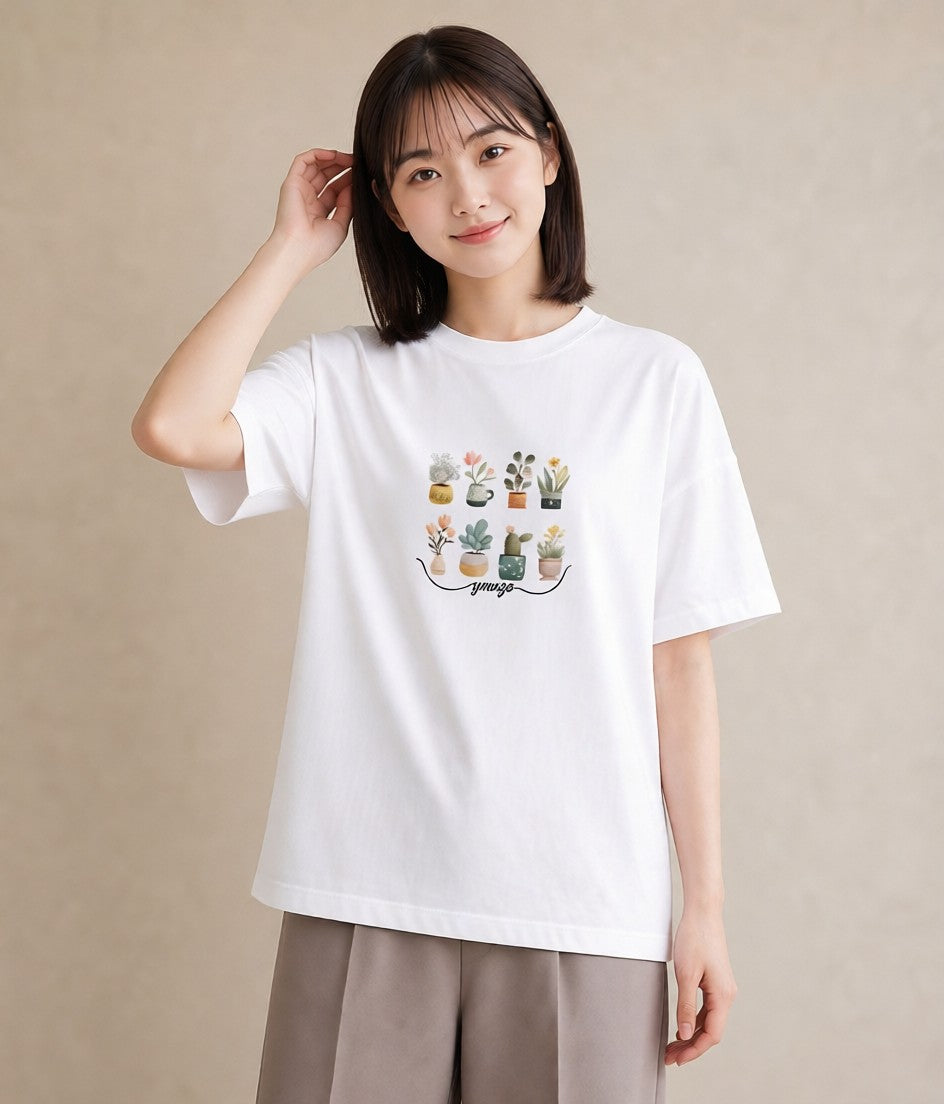 半袖Tシャツ レディース 夕暮れ バルコニー 夕焼け ナチュラル アンティーク イラスト カフェコーデ 自分用 ルームウェア 白T YMAZO