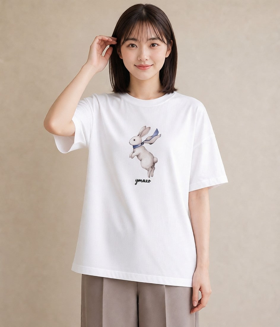 プリントTシャツ レディース うさぎ ウサギ ラビット ペット 動物 イラスト 上品 部屋着 女性向けギフト 白T YMAZO