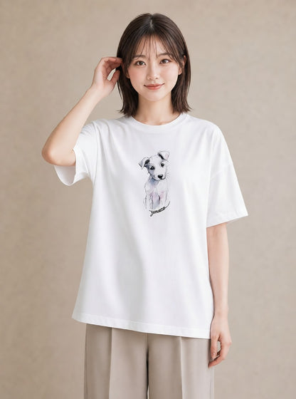 Tシャツ レディース いぬ 犬 ワンコ イラスト 韓国風 海 カフェ巡り 白T YMAZO