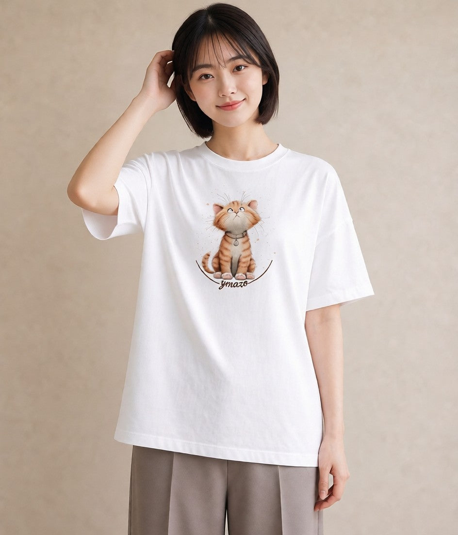 半袖Tシャツ レディース ねこ 猫 ネコ イラスト ゆるコーデ 女性向けギフト 散歩 白T YMAZO