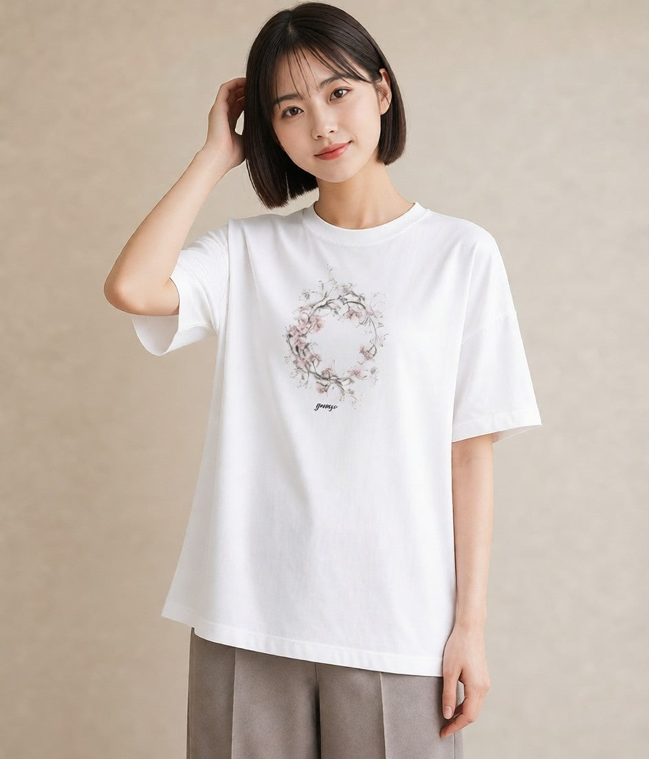 Tシャツ レディース レースハンカチ レース ハンカチ ナチュラル アンティーク イラスト アート風 春服 ミセス 白T YMAZO