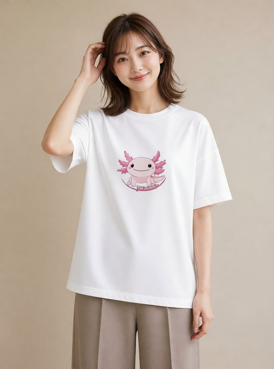 デザインTシャツ レディース ウーパールーパー ペット 動物 イラスト レトロ 公園 ママ 白T YMAZO