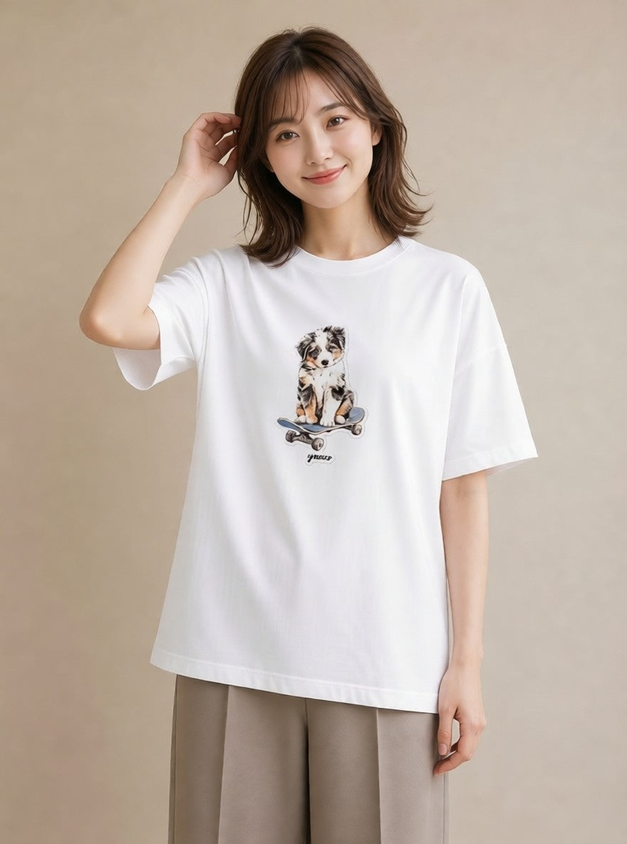 プリントTシャツ レディース ボーダーコリー 犬 いぬ イラスト ヴィンテージ風 公園 ママ 白T YMAZO