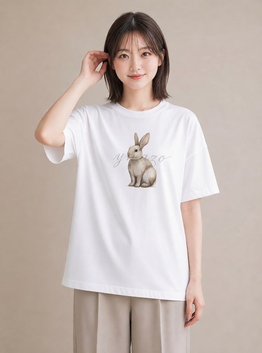 デザインTシャツ レディース ウサギ系野生 動物 アニマル イラスト ナチュラル 誕生日プレゼント 綿100 白T YMAZO