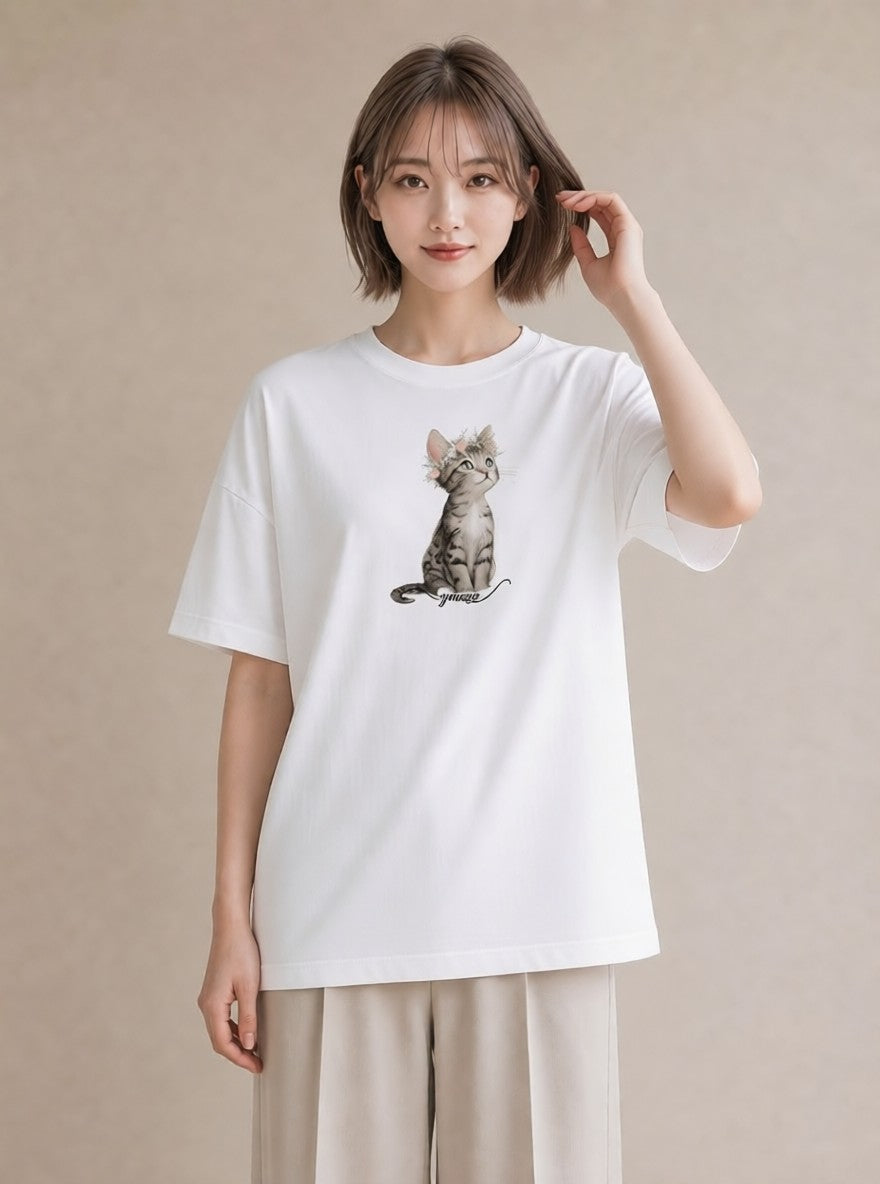 デザインTシャツ レディース キジトラ 猫 ねこ イラスト シック 買い物 夏コーデ 白T YMAZO