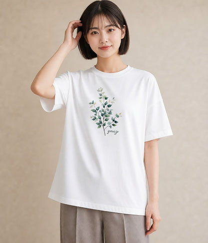 デザインTシャツ レディース 葉っぱ 植物 ボタニカル イラスト ニュアンス ビーチ デイリーウェア 白T YMAZO
