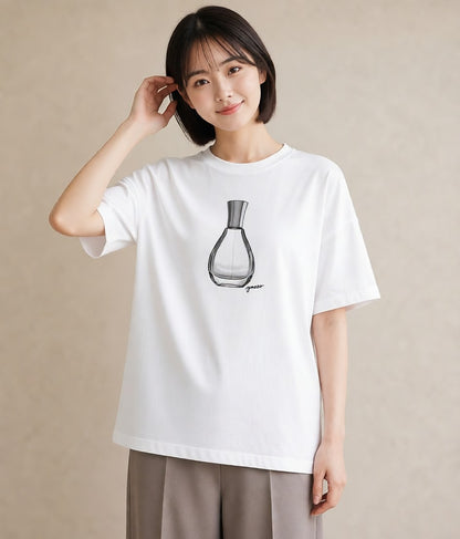 Tシャツ レディース 香水 香水瓶 パフューム イラスト 線画 ビーチ デイリーウェア 白T YMAZO