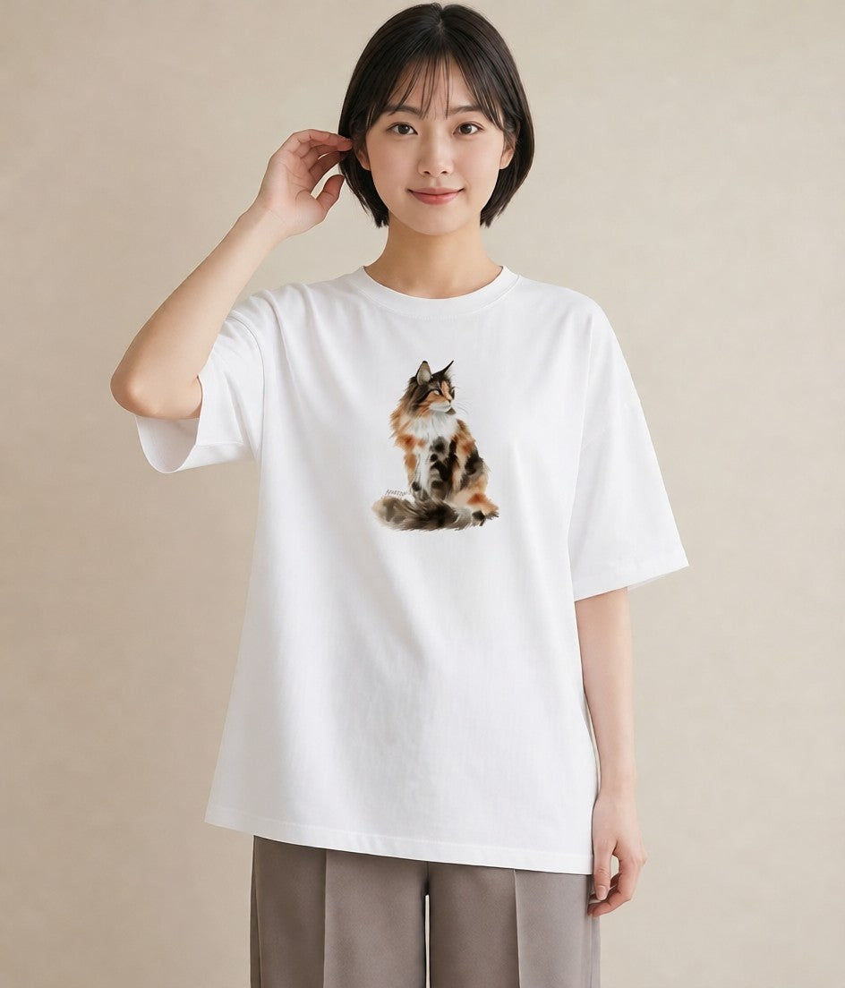 プリントTシャツ レディース サビ猫 猫 ねこ イラスト カフェコーデ 帰省 ラフ 白T YMAZO