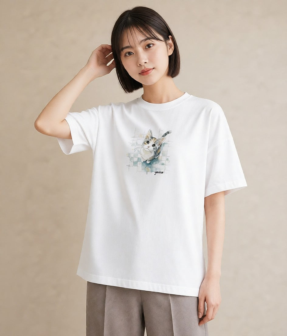 半袖Tシャツ レディース サバトラ 猫 ねこ イラスト ナチュラル ギフト 母の日 白T YMAZO