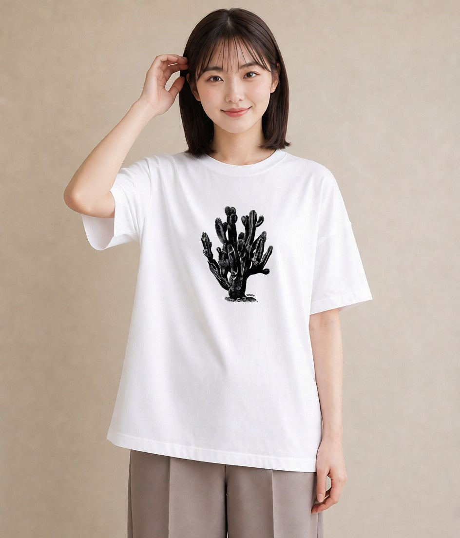 デザインTシャツ レディース サボテン 植物 ボタニカル イラスト 抜け感 綿100 デート 白T YMAZO