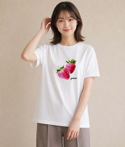 半袖Tシャツ レディース ショートケーキ 食べ物 フード イラスト 手描き風 お出かけ 普段着 白T YMAZO
