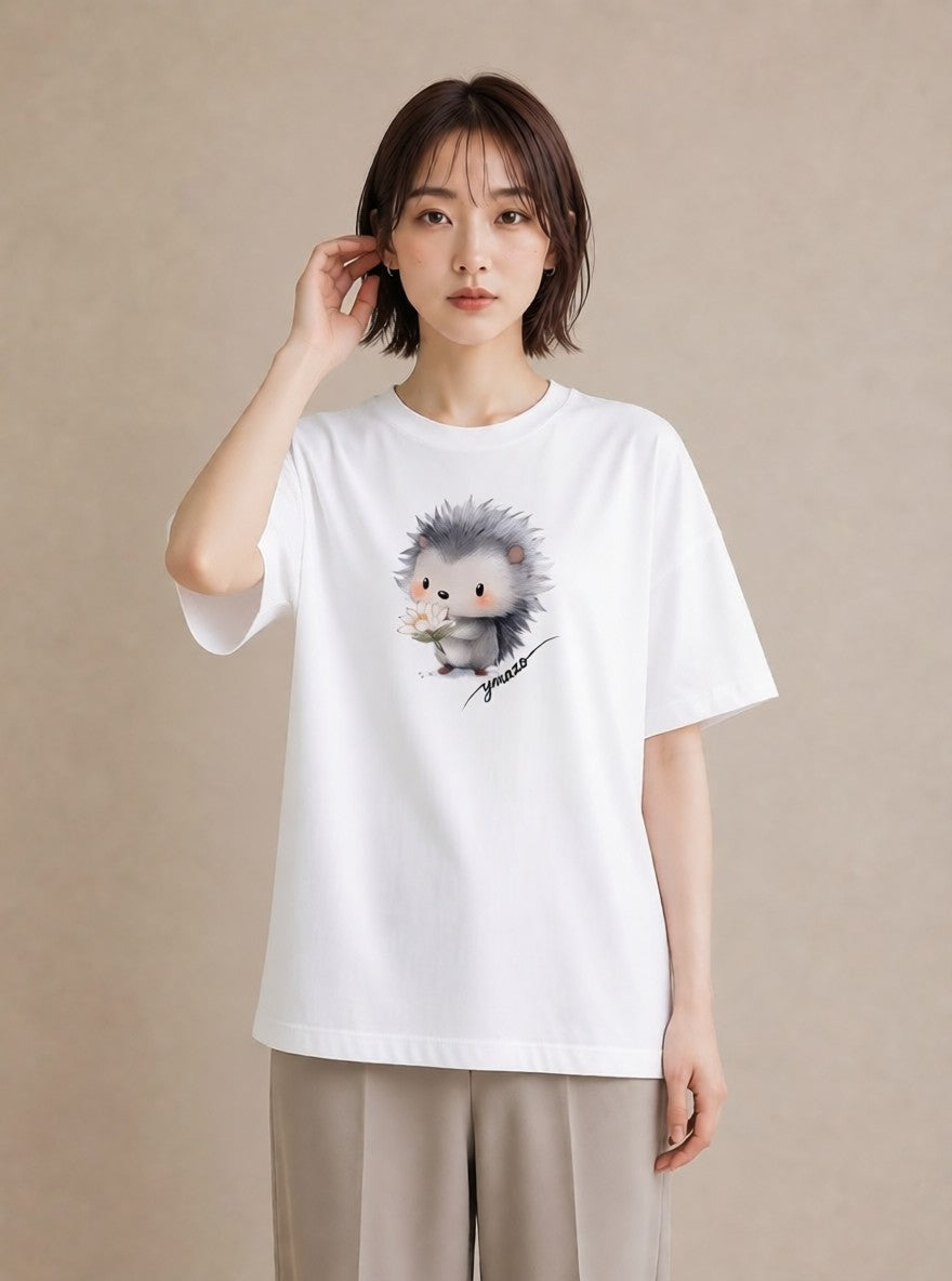 プリントTシャツ レディース ハリネズミ ペット 動物 イラスト 上品 春コーデ 姉妹 白T YMAZO