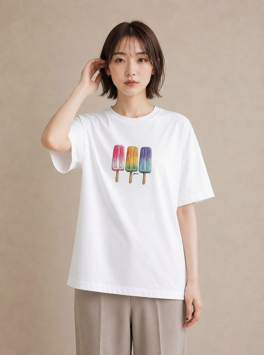 プリントTシャツ レディース マカロン 食べ物 フード イラスト アート風 カジュアルコーデ 買い物 白T YMAZO