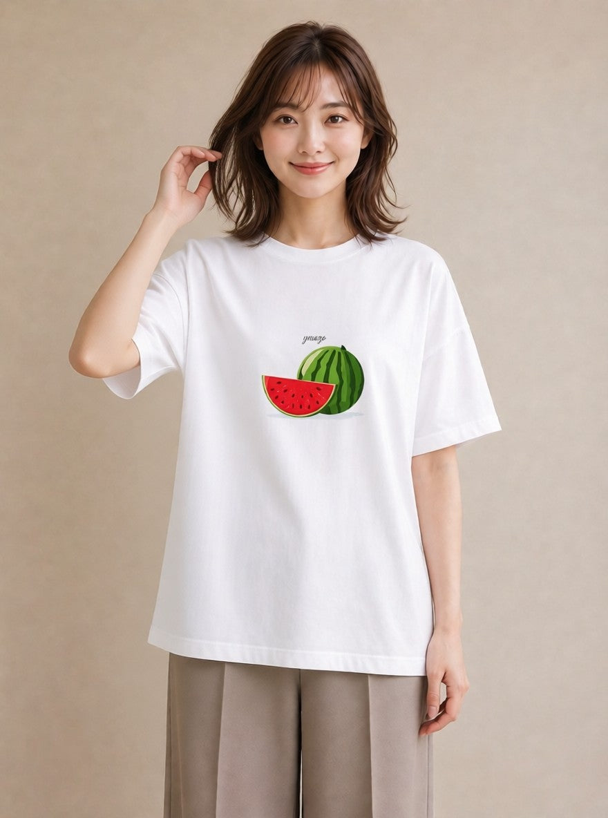 プリントTシャツ レディース すいか 食べ物 フード イラスト ラフカジュアル 在宅 公園 白T YMAZO