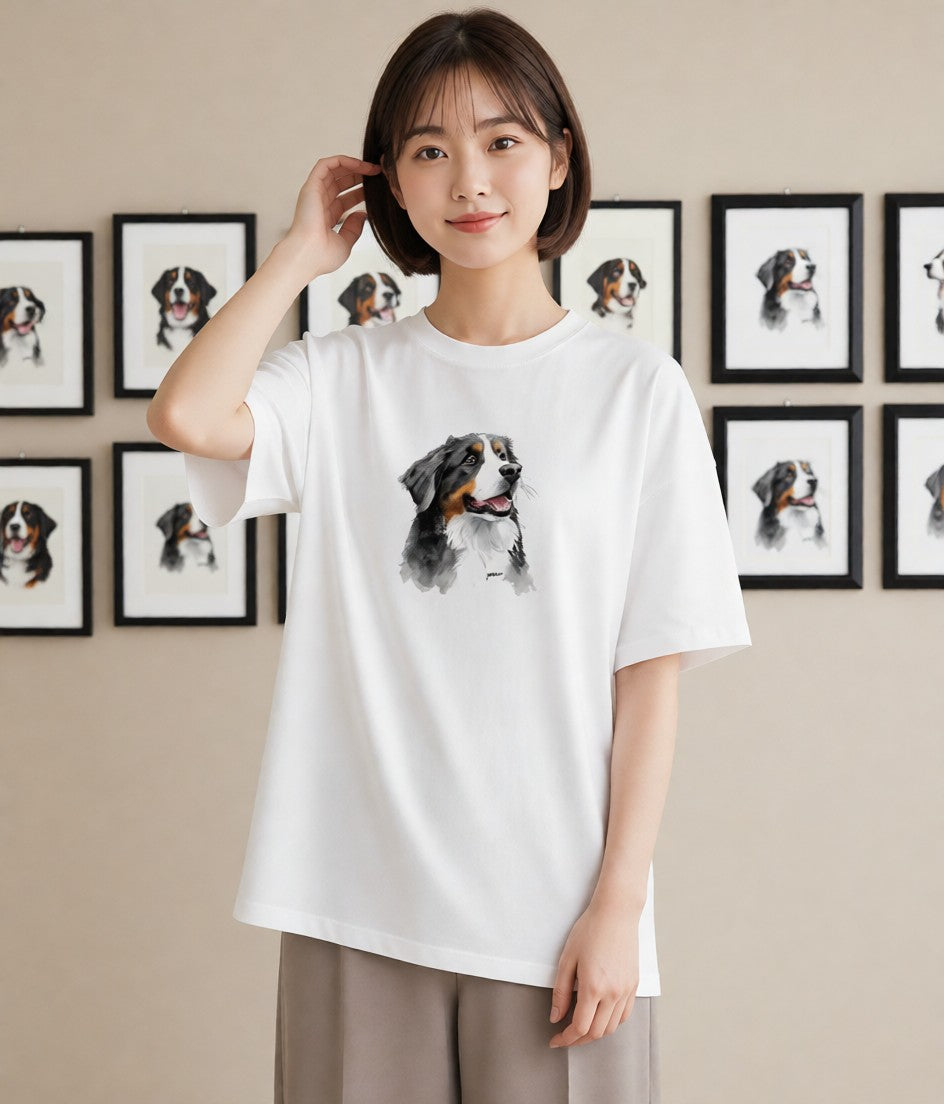 Tシャツ レディース バーニーズマウンテンドッグ 犬 いぬ イラスト ゆるコーデ ラフ レイヤード 白T YMAZO