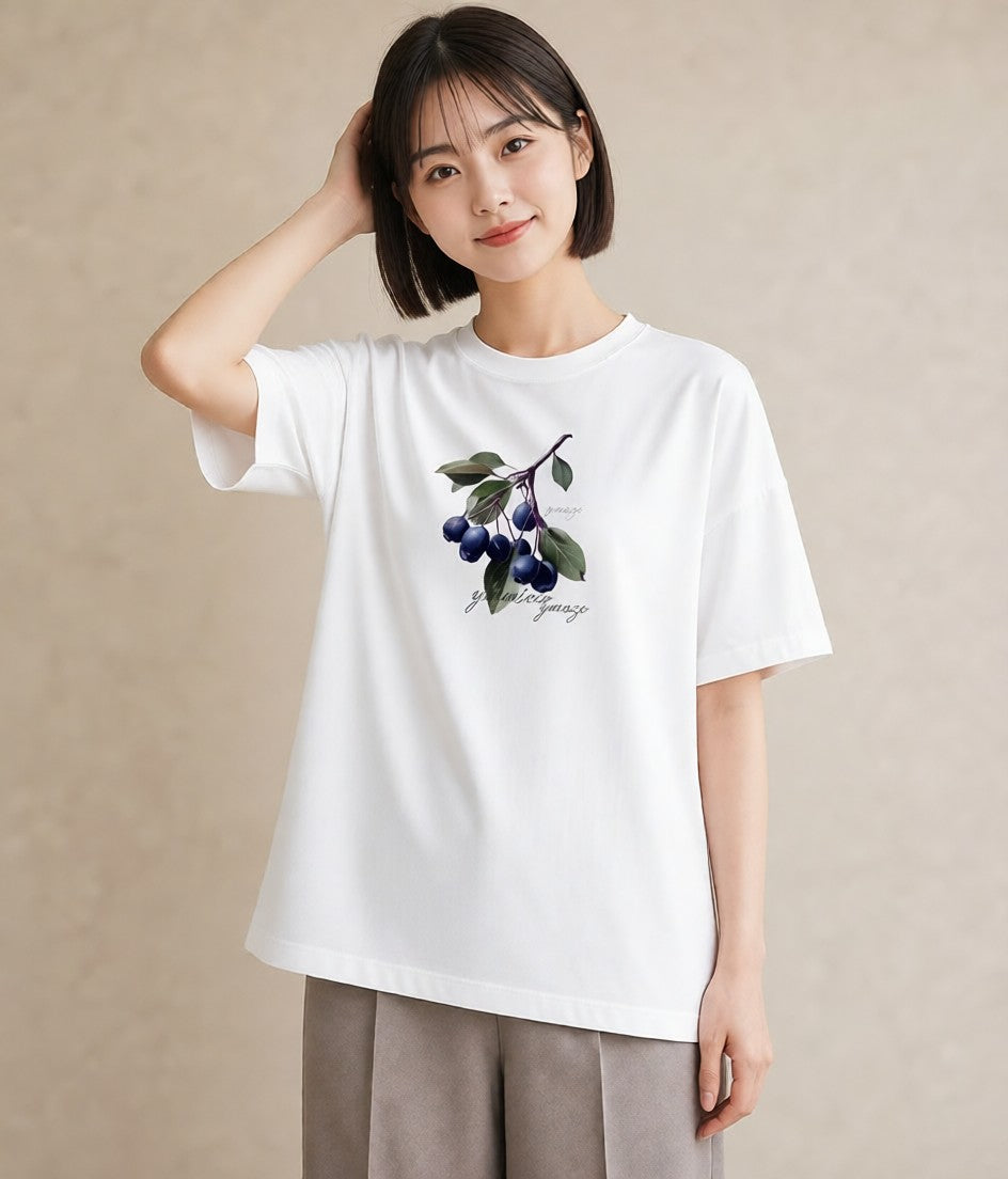 グラフィックTシャツ レディース ブルーベリー 食べ物 フード イラスト 水彩風 在宅 公園 白T YMAZO