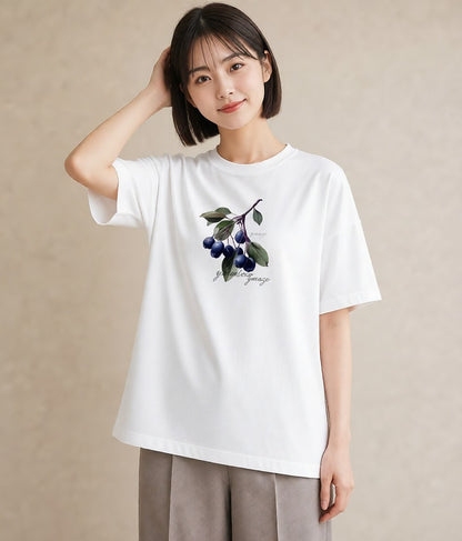 グラフィックTシャツ レディース ブルーベリー 食べ物 フード イラスト 水彩風 在宅 公園 白T YMAZO