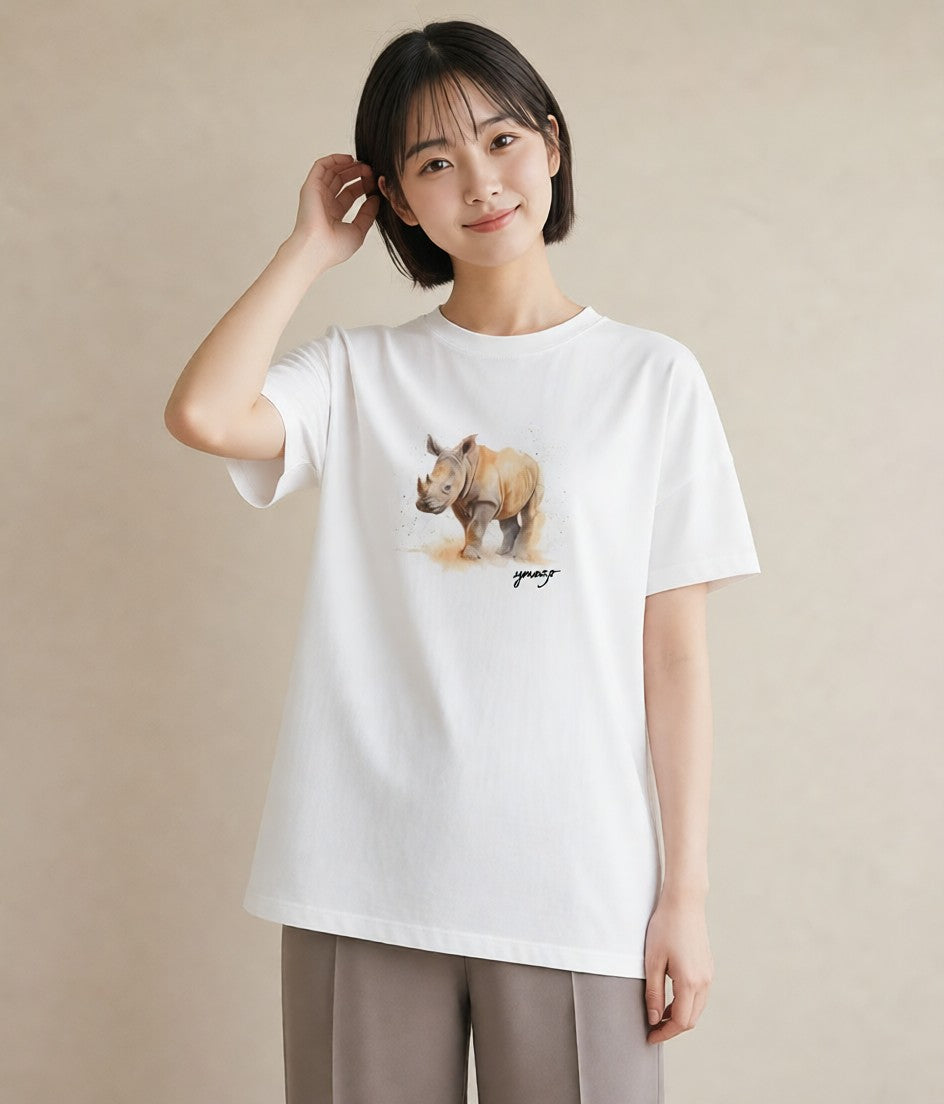 プリントTシャツ レディース カバ 動物 アニマル イラスト 普段使い 在宅 公園 白T YMAZO
