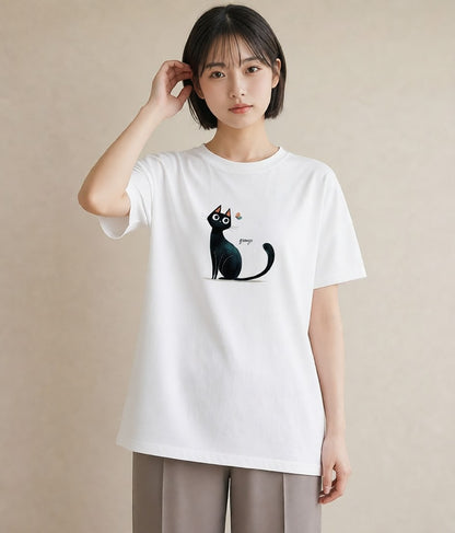 半袖Tシャツ レディース 黒猫 猫 ねこ イラスト ユニーク 20代 カジュアルコーデ 白T YMAZO