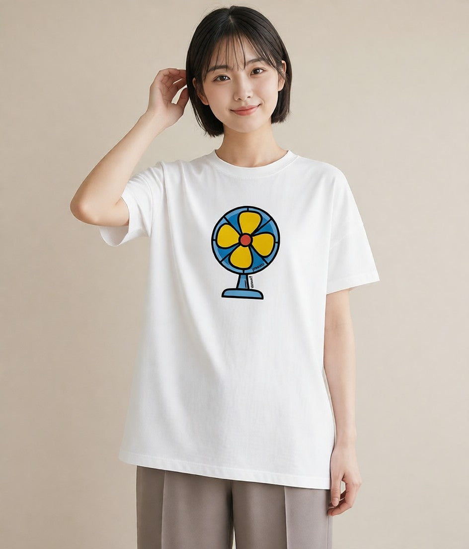 Tシャツ レディース 扇子 そよ風 ナチュラル アンティーク イラスト ラフ レイヤード 白T YMAZO