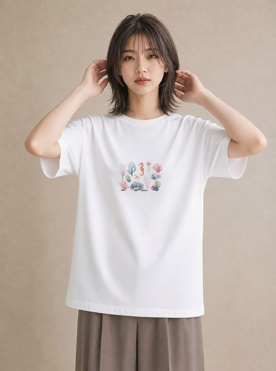 プリントTシャツ レディース サンゴ 海の生き物 海 イラスト きれいめカジュアル 在宅 公園 白T YMAZO