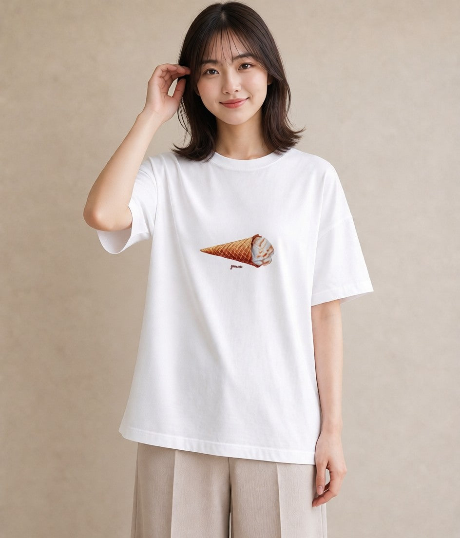 半袖Tシャツ レディース ソフトクリーム 食べ物 フード イラスト ナチュラル ペアコーデ 秋コーデ 白T YMAZO